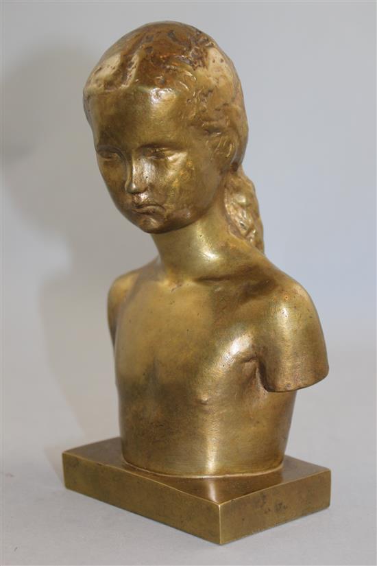 Gunnar Nilsson (Swedish, 1904-1995). A small gilded bronze bust of a young girl, 7.5in.